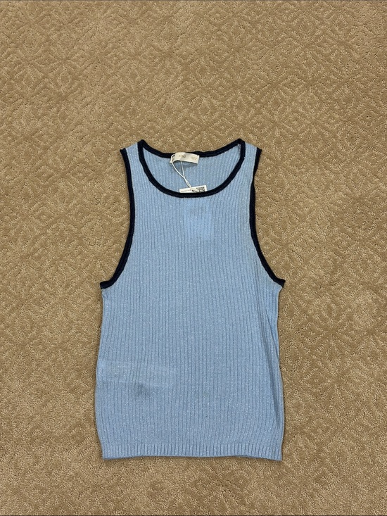 Mango Tops - Mango Light Blue Ribbed Tank Top with Navy Trim